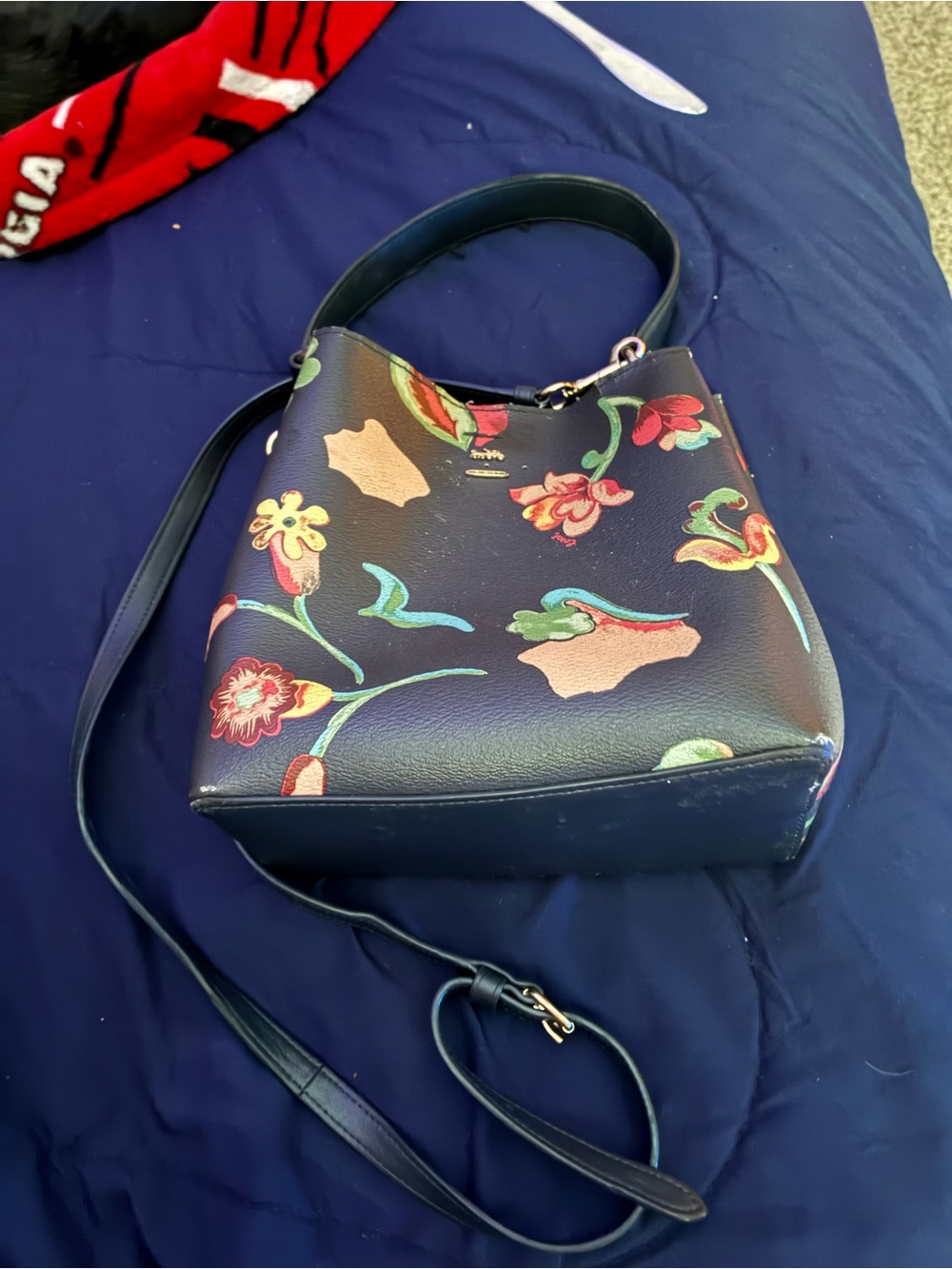 Floral Print Navy Bucket Bag